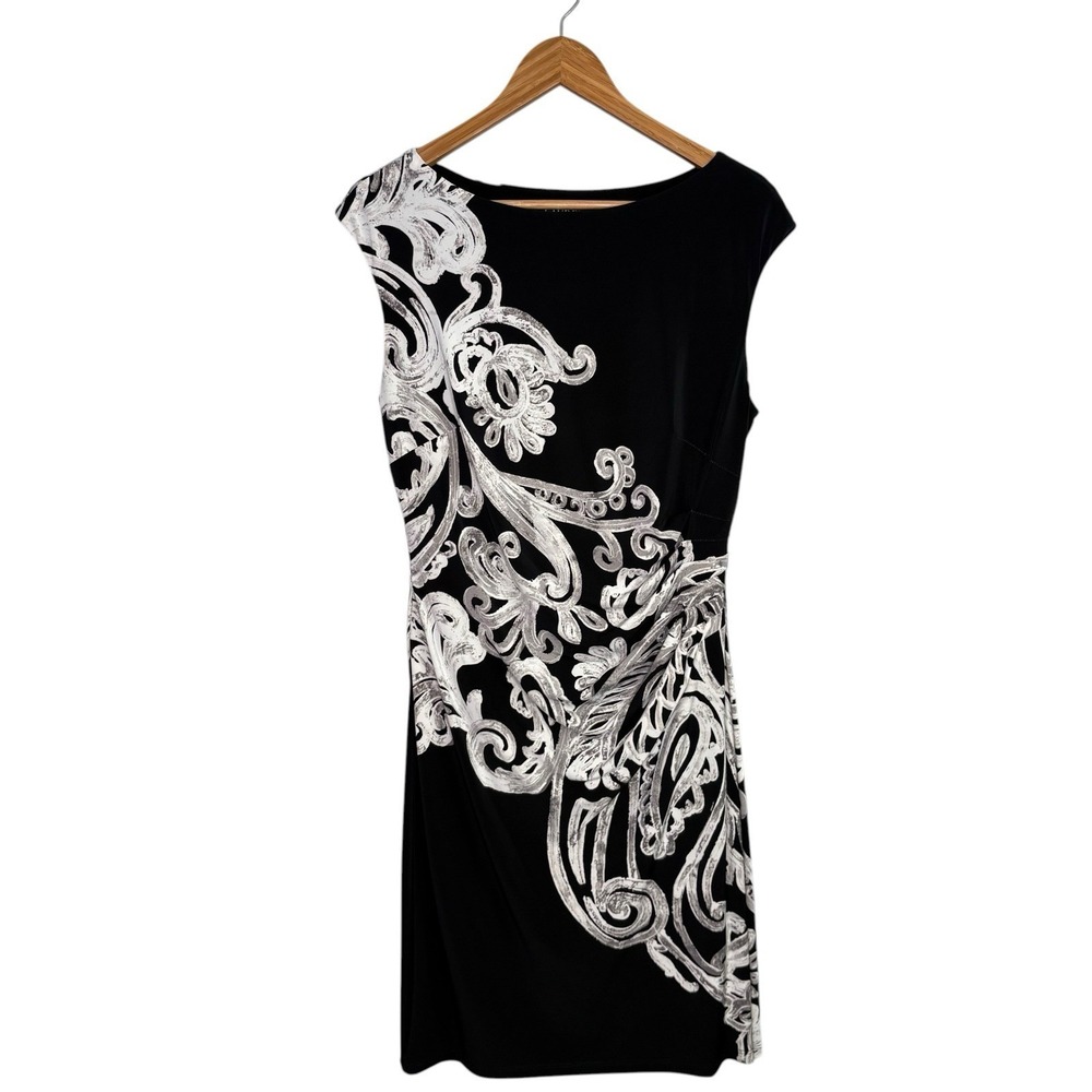 Lauren Ralph Lauren Womens Dress 12 Black Paisley Midi Sleeveless Cocktail Party